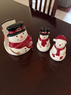 Festive Red Scarf Snowman Ceramic Holiday Set for napkins, salt and pepper
